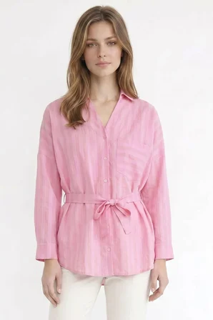 Kadın Oversize Geniş Kesim Uzun Kollu Pamuklu Beli Kuşaklı Çizgili Cepli Pembe Gömlek 
