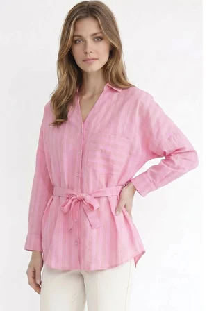 Kadın Oversize Geniş Kesim Uzun Kollu Pamuklu Beli Kuşaklı Çizgili Cepli Pembe Gömlek 
