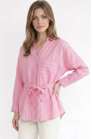 Kadın Oversize Geniş Kesim Uzun Kollu Pamuklu Beli Kuşaklı Çizgili Cepli Pembe Gömlek 