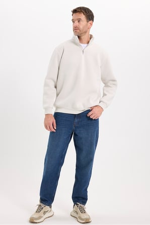 Unisex Relax Fit Rahat Kesim Pamuklu İçi Polarlı Yarım Fermuarlı Gri Dik Yaka Sweatshirt