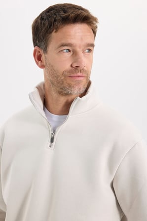 Unisex Relax Fit Rahat Kesim Pamuklu İçi Polarlı Yarım Fermuarlı Gri Dik Yaka Sweatshirt