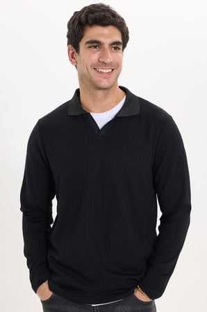Erkek Slim Fit Dar Kesim Pamuklu Ekstra Soft Modal Kumaş Çizgili Siyah Polo Yaka Sweatshirt