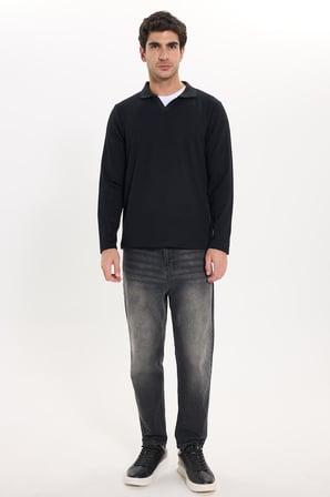 Erkek Slim Fit Dar Kesim Pamuklu Ekstra Soft Modal Kumaş Çizgili Siyah Polo Yaka Sweatshirt