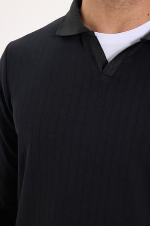 Erkek Slim Fit Dar Kesim Pamuklu Ekstra Soft Modal Kumaş Çizgili Siyah Polo Yaka Sweatshirt