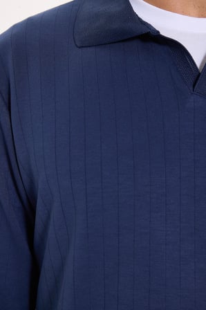 Erkek Slim Fit Dar Kesim Pamuklu Ekstra Soft Modal Kumaş Çizgili Lacivert Polo Yaka Sweatshirt