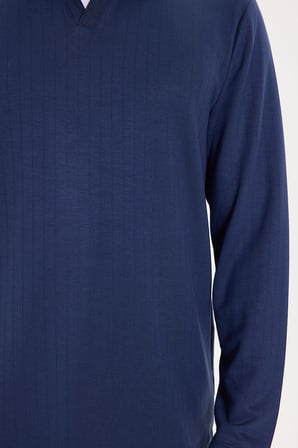 Erkek Slim Fit Dar Kesim Pamuklu Ekstra Soft Modal Kumaş Çizgili Lacivert Polo Yaka Sweatshirt