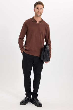 Erkek Slim Fit Dar Kesim Pamuklu Ekstra Soft Modal Kumaş Çizgili Kahverengi Polo Yaka Sweatshirt