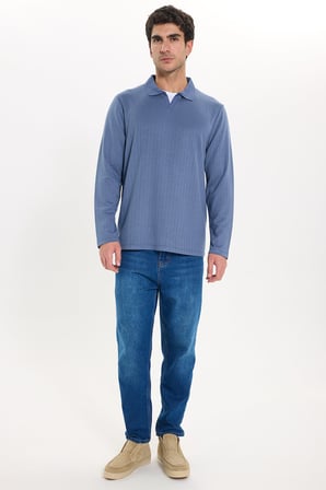 Erkek Slim Fit Dar Kesim Pamuklu Ekstra Soft Modal Kumaş Çizgili Koyu Mavi Polo Yaka Sweatshirt