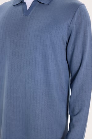Erkek Slim Fit Dar Kesim Pamuklu Ekstra Soft Modal Kumaş Çizgili Koyu Mavi Polo Yaka Sweatshirt
