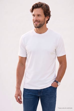 Erkek Regular Fit Klasik Kesim Kısa Kollu Çizgili Beyaz Bisiklet Yaka Tişört