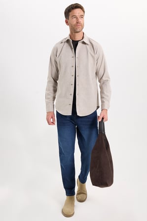 Erkek Slim Fit Dar Kesim Uzun Kollu Dokulu Kışlık Bej Gömlek