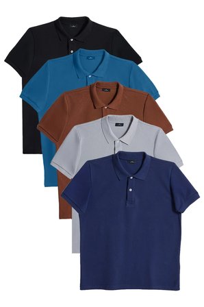 Erkek 5'li Paket Siyah-Kahverengi-Gri-Lacivert-Petrol Slim Fit Dar Kesim Pamuklu Düz Pike Polo Yaka Tişört