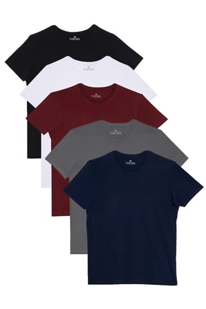 Unisex 5'li Paket Siyah-Beyaz-Bordo-Lacivert-Gri Slim Fit Dar Kesim %100 Pamuk Bisiklet Yaka Tişört