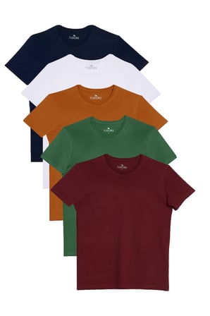 Unisex 5'li Paket Lacivert-Beyaz-Yeşil-Bordo-Turuncu Slim Fit Dar Kesim %100 Pamuk Bisiklet Yaka Tişört