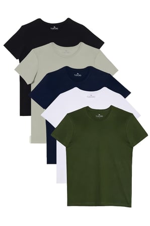 Unisex 5'li Paket Siyah-Gri-Lacivert-Beyaz-Yeşil Slim Fit Dar Kesim %100 Pamuk Bisiklet Yaka Tişört