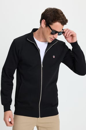 Erkek Slim Fit Dar Kesim Pamuklu Tam Fermuarlı Çift Cepli Dik Yaka Siyah Sweatshirt Hırka