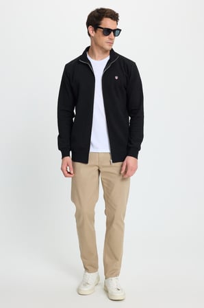 Erkek Slim Fit Dar Kesim Pamuklu Tam Fermuarlı Çift Cepli Dik Yaka Siyah Sweatshirt Hırka
