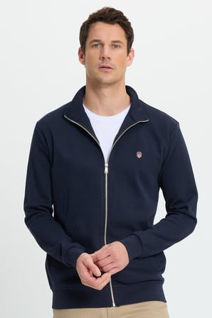 Erkek Slim Fit Dar Kesim Pamuklu Tam Fermuarlı Çift Cepli Dik Yaka Lacivert Sweatshirt Hırka