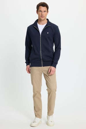 Erkek Slim Fit Dar Kesim Pamuklu Tam Fermuarlı Çift Cepli Dik Yaka Lacivert Sweatshirt Hırka