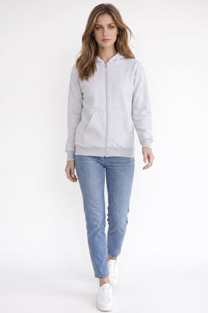Kadın Oversize Geniş Kesim %100 Pamuk Kapüşonlu Fermuarlı Cepli Gri Sweatshirt