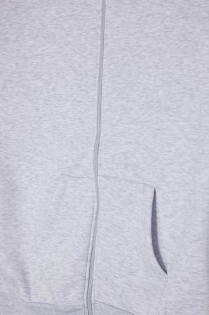 Kadın Oversize Geniş Kesim %100 Pamuk Kapüşonlu Fermuarlı Cepli Gri Sweatshirt