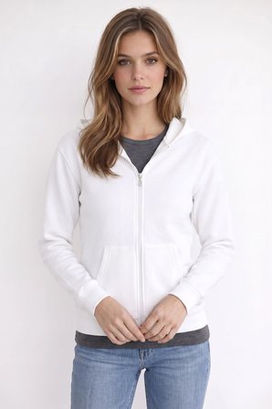 Kadın Oversize Geniş Kesim %100 Pamuk Kapüşonlu Fermuarlı Cepli Ekru Sweatshirt