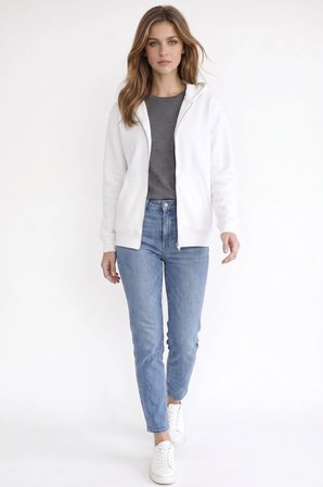 Kadın Oversize Geniş Kesim %100 Pamuk Kapüşonlu Fermuarlı Cepli Ekru Sweatshirt
