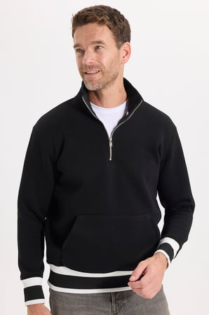 Erkek Relax Fit Rahat Kesim Pamuklu Dik Yaka Yarım Fermuarlı Ribanalı Kanguru Cepli Siyah Sweatshirt