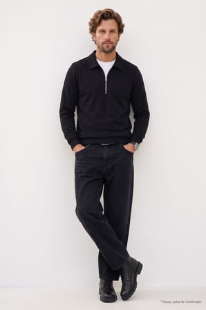 Erkek Regular Fit Klasik Kesim Fermuarlı Selanik Kumaş Siyah Polo Yaka Sweatshirt