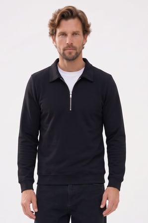 Erkek Regular Fit Klasik Kesim Fermuarlı Selanik Kumaş Siyah Polo Yaka Sweatshirt