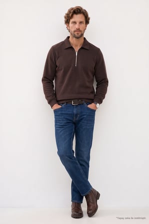 Erkek Regular Fit Klasik Kesim Fermuarlı Selanik Kumaş Kahverengi Polo Yaka Sweatshirt