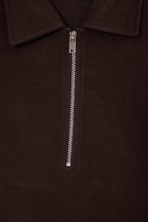 Erkek Regular Fit Klasik Kesim Fermuarlı Selanik Kumaş Kahverengi Polo Yaka Sweatshirt