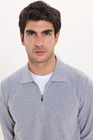 Erkek Regular Fit Klasik Kesim Fermuarlı Selanik Kumaş Gri Polo Yaka Sweatshirt