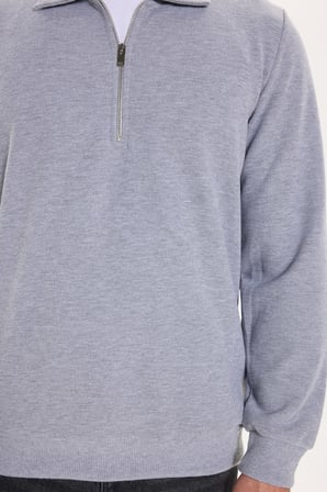 Erkek Regular Fit Klasik Kesim Fermuarlı Selanik Kumaş Gri Polo Yaka Sweatshirt