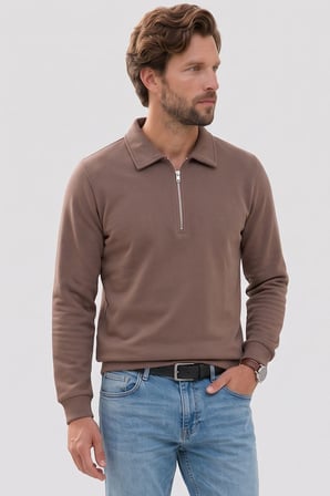 Erkek Regular Fit Klasik Kesim Fermuarlı Selanik Kumaş Kahverengi Polo Yaka Sweatshirt