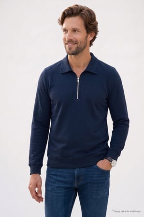 Erkek Regular Fit Klasik Kesim Fermuarlı Selanik Kumaş Lacivert Polo Yaka Sweatshirt