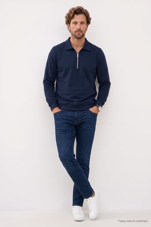 Erkek Regular Fit Klasik Kesim Fermuarlı Selanik Kumaş Lacivert Polo Yaka Sweatshirt