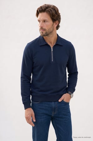Erkek Regular Fit Klasik Kesim Fermuarlı Selanik Kumaş Lacivert Polo Yaka Sweatshirt