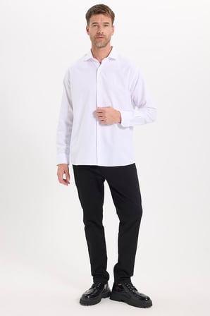 Erkek Regular Fit Rahat Kesim Uzun Kollu Pamuklu Kolay Ütülenebilir Armürlü Beyaz Gömlek