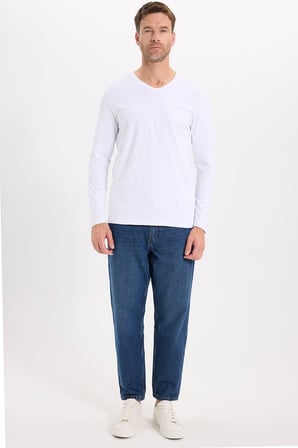 Erkek Slim Fit Dar Kesim Pamuklu Yumuşak Dokulu Likralı V Yaka Süprem Beyaz Basic Sweatshirt