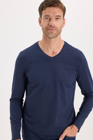Erkek Slim Fit Dar Kesim Pamuklu Yumuşak Dokulu Likralı V Yaka Süprem Lacivert Basic Sweatshirt