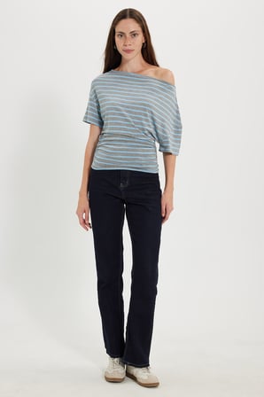 Kadın Regular Fit Klasik Kesim Asimetrik Yaka Yarasa Kol Çizgili Likralı Mavi Viskon Crop Bluz