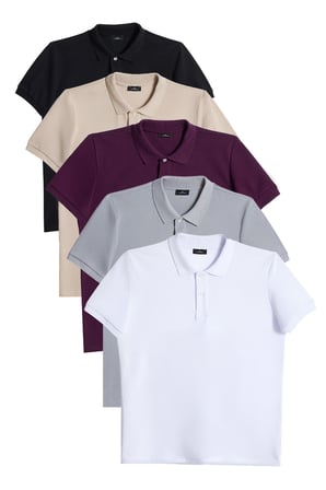 Erkek 5'li Paket Siyah-Taş-Gri-Mor-Beyaz Slim Fit Dar Kesim Pamuklu Düz Pike Polo Yaka Tişört