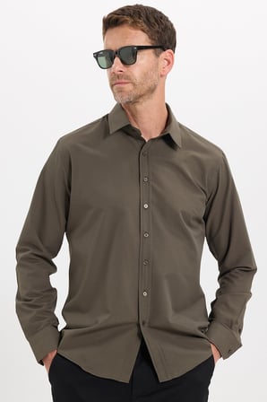 Erkek Modern Fit Dar Kesim Pamuklu Uzun Kollu Kravatlık Armürlü Haki Gömlek