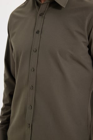 Erkek Modern Fit Dar Kesim Pamuklu Uzun Kollu Kravatlık Armürlü Haki Gömlek