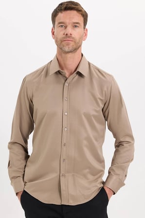 Erkek Modern Fit Dar Kesim Pamuklu Uzun Kollu Kravatlık Armürlü Bej Gömlek