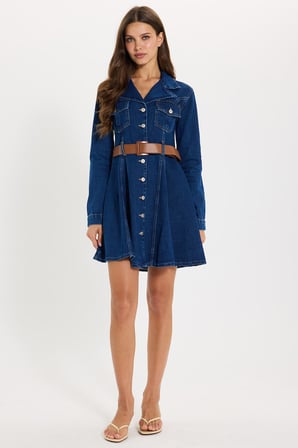 Kadın Regular Fit Klasik Kesim %100 Pamuk Uzun Kollu Volanlı Kemerli Lacivert Denim Elbise