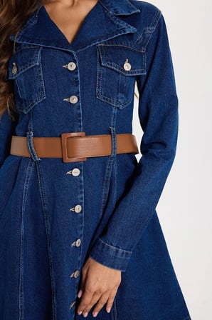 Kadın Regular Fit Klasik Kesim %100 Pamuk Uzun Kollu Volanlı Kemerli Lacivert Denim Elbise