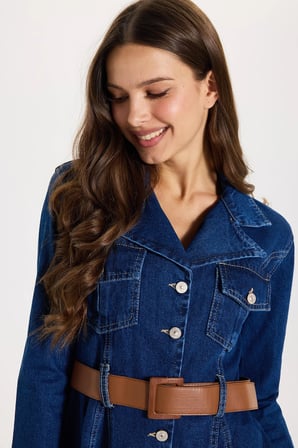 Kadın Regular Fit Klasik Kesim %100 Pamuk Uzun Kollu Volanlı Kemerli Lacivert Denim Elbise