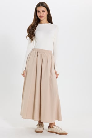 Kadın Relax Fit Rahat Kesim Pamuklu Beli Lastikli Yan Cepli Bej Etek